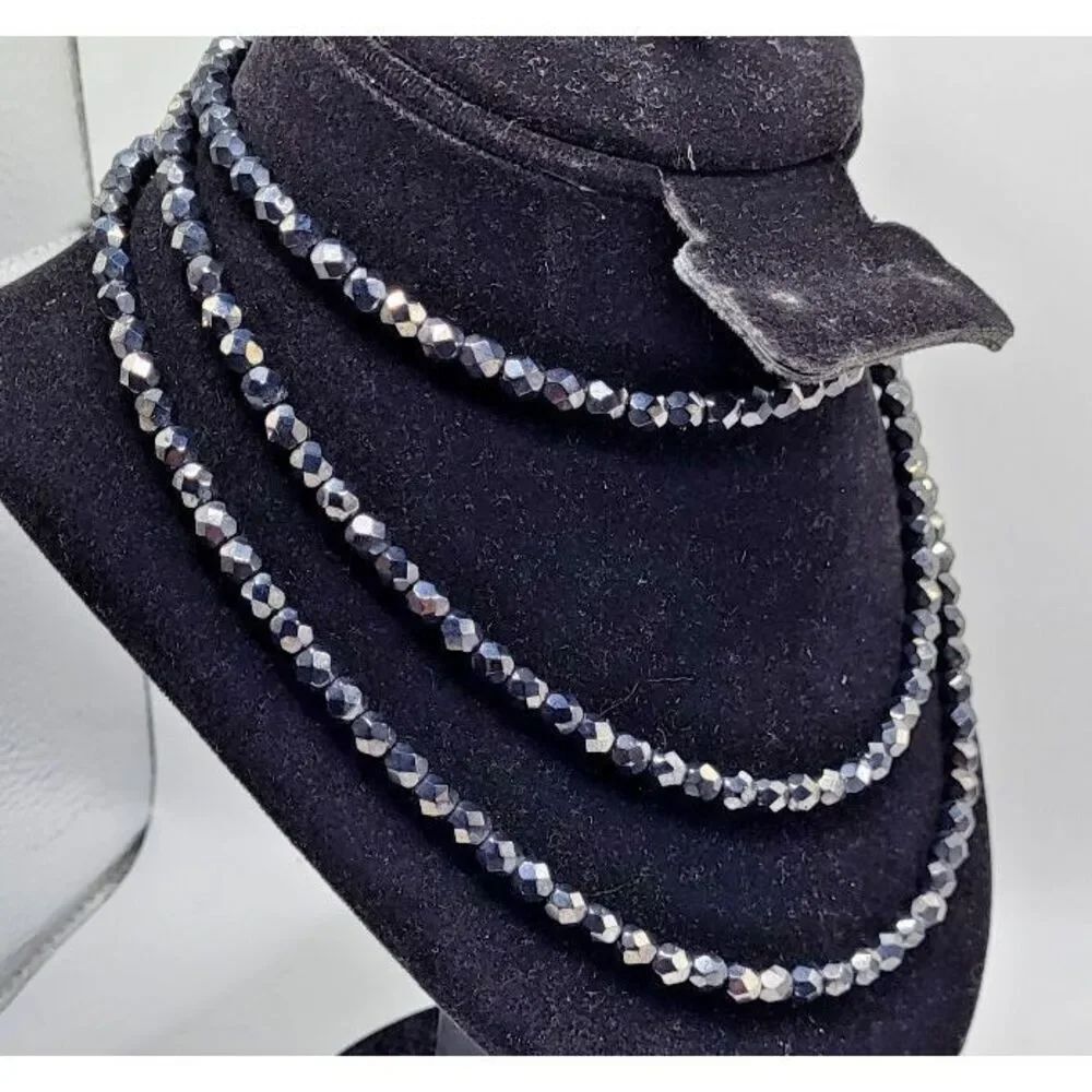 Vintage Long Strand Faceted Jet Crystal Necklace 48in
